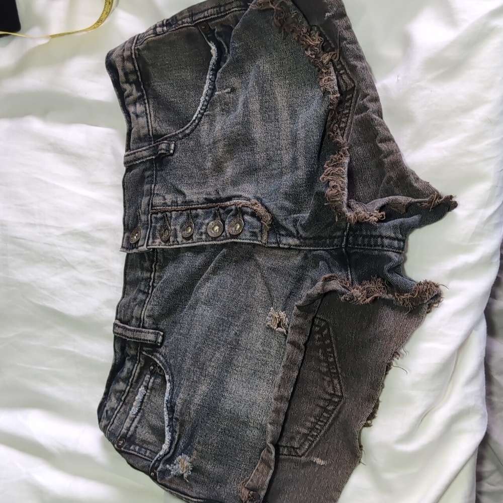 Free People Button Fly Black Denim Distressed shorts, Size 27 Women's